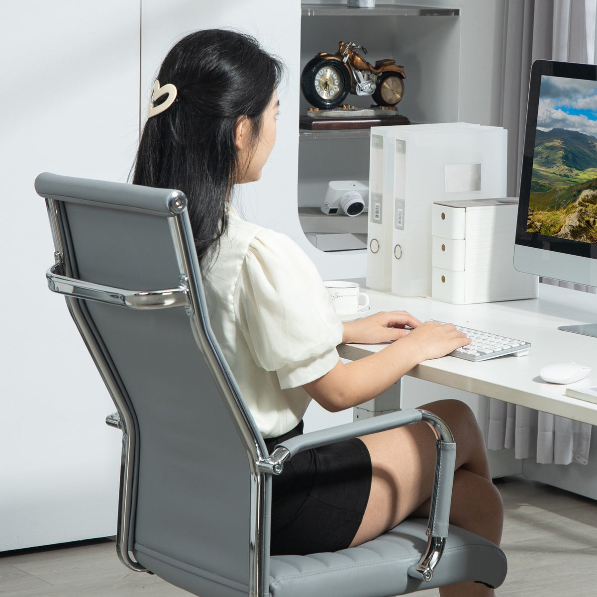 Office chair, ergonomic desk chair with rocker function, height-adjustable swivel chair with armrest, computer chair, faux leather, light gray