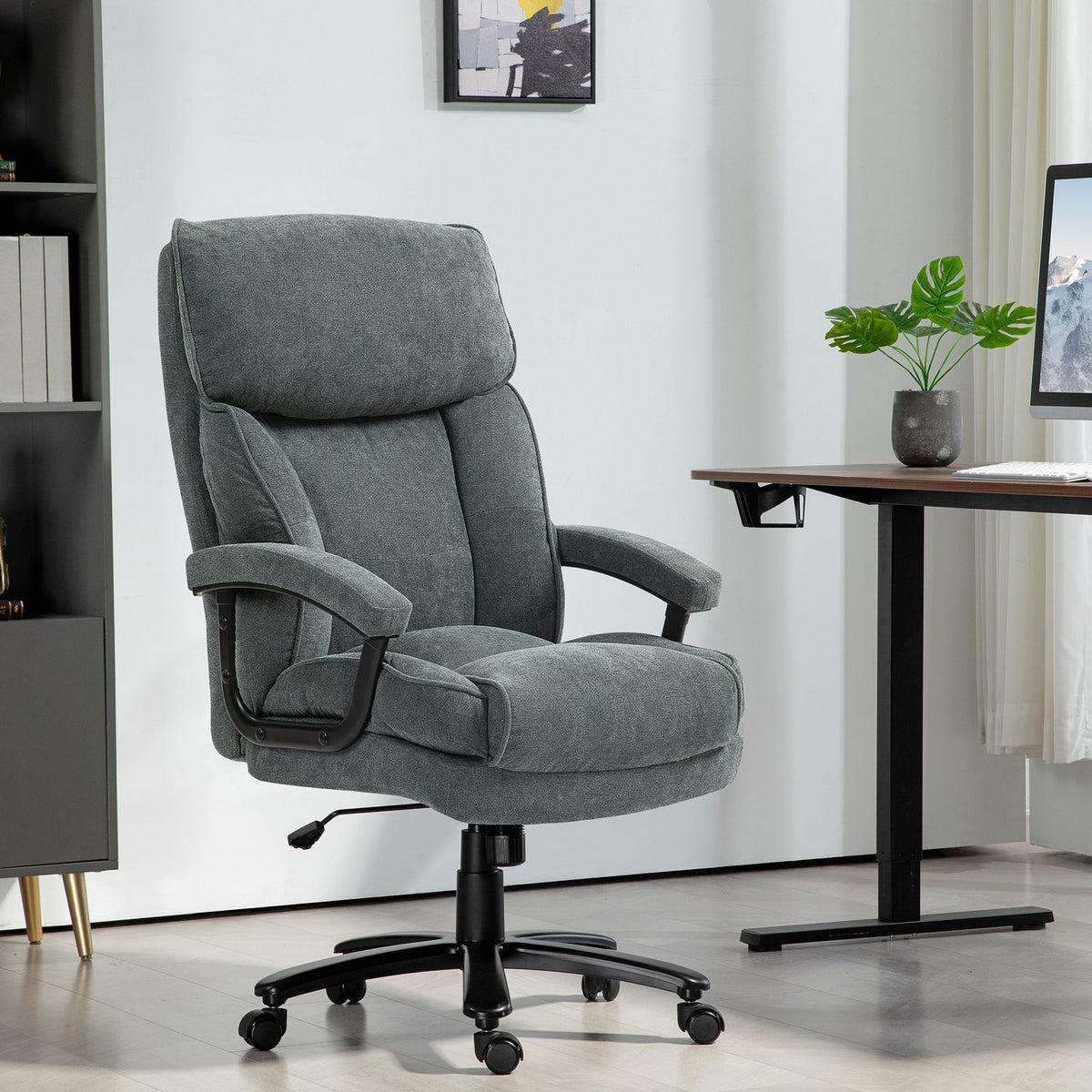 Office chair, ergonomic desk chair with rocker function, linen look, height-adjustable PC chair with swivel function, thick cushions, load capacity up to 200 kg, for home office, gray