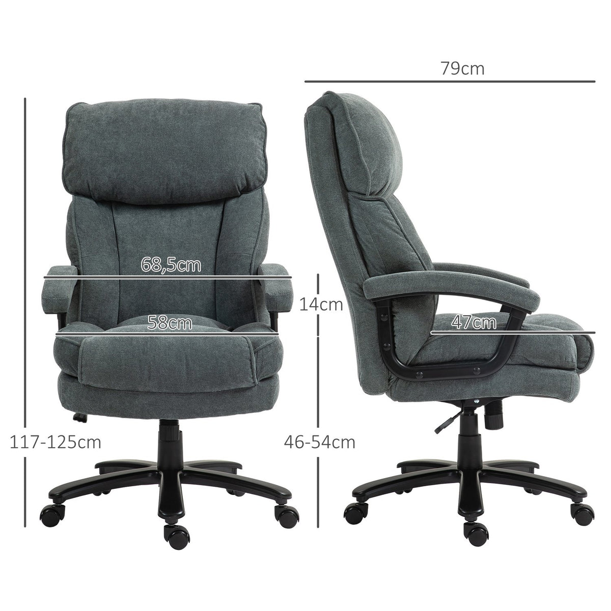 Office chair, ergonomic desk chair with rocker function, linen look, height-adjustable PC chair with swivel function, thick cushions, load capacity up to 200 kg, for home office, gray