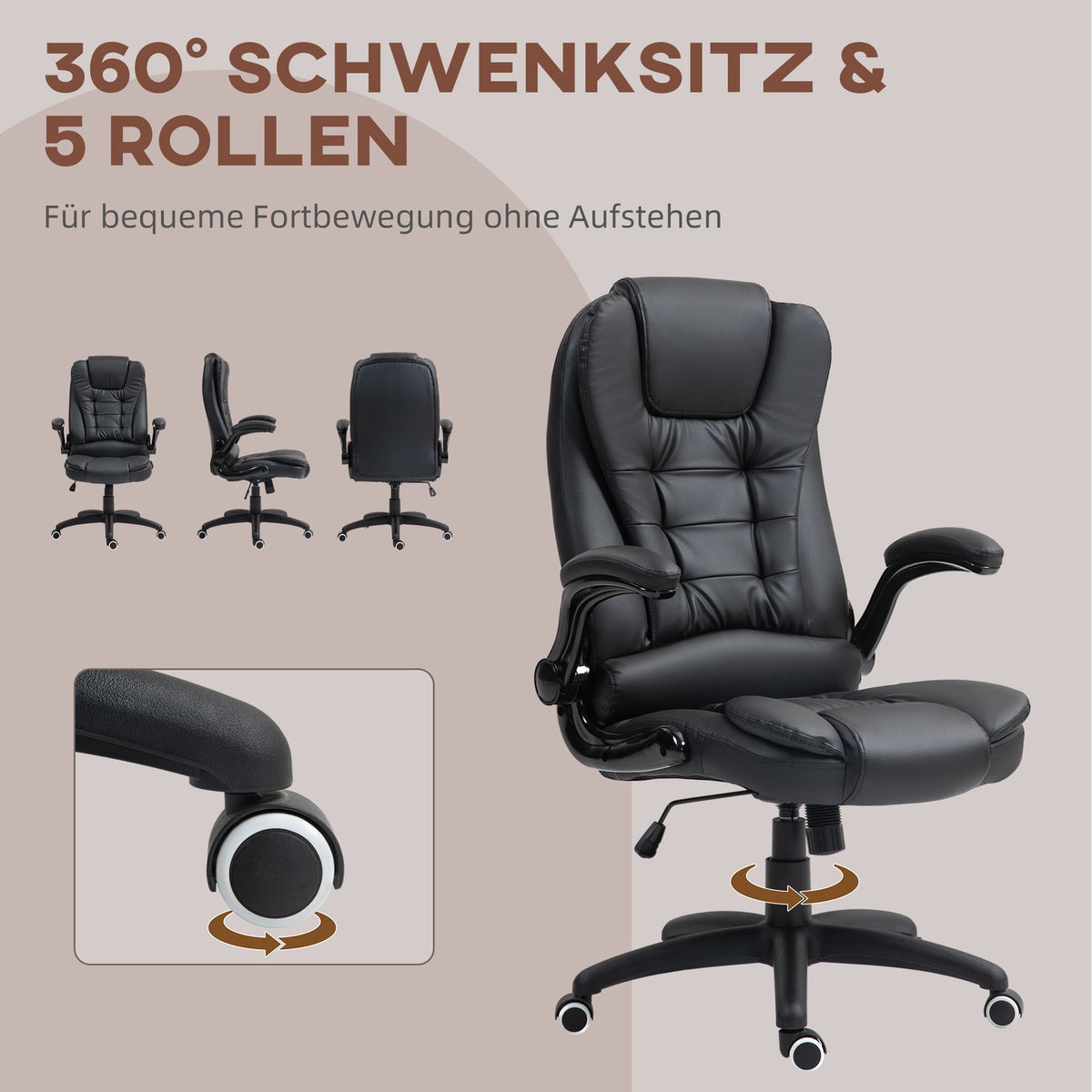 Office chair, ergonomic executive chair with rocker function, fold-up armrest, height-adjustable desk chair with swivel function for home office, faux leather, black