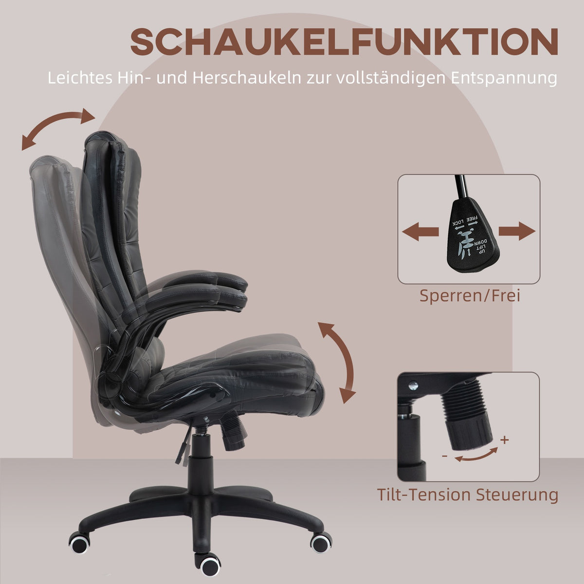 Office chair, ergonomic executive chair with rocker function, fold-up armrest, height-adjustable desk chair with swivel function for home office, faux leather, black