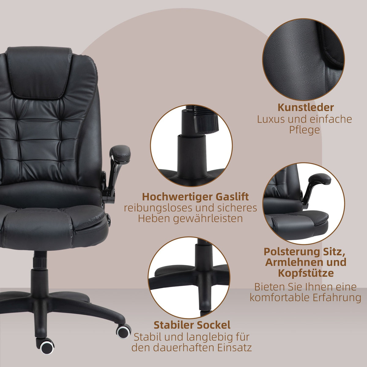 Office chair, ergonomic executive chair with rocker function, fold-up armrest, height-adjustable desk chair with swivel function for home office, faux leather, black
