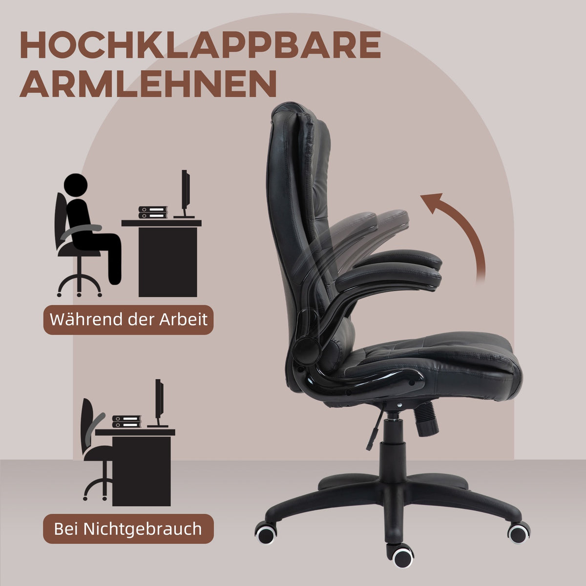 Office chair, ergonomic executive chair with rocker function, fold-up armrest, height-adjustable desk chair with swivel function for home office, faux leather, black