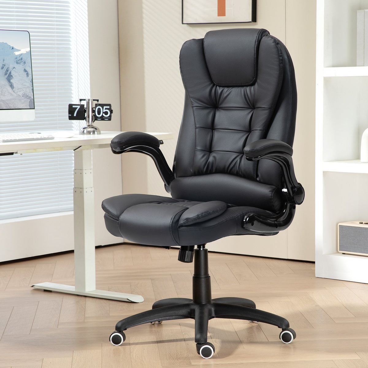 Office chair, ergonomic executive chair with rocker function, fold-up armrest, height-adjustable desk chair with swivel function for home office, faux leather, black