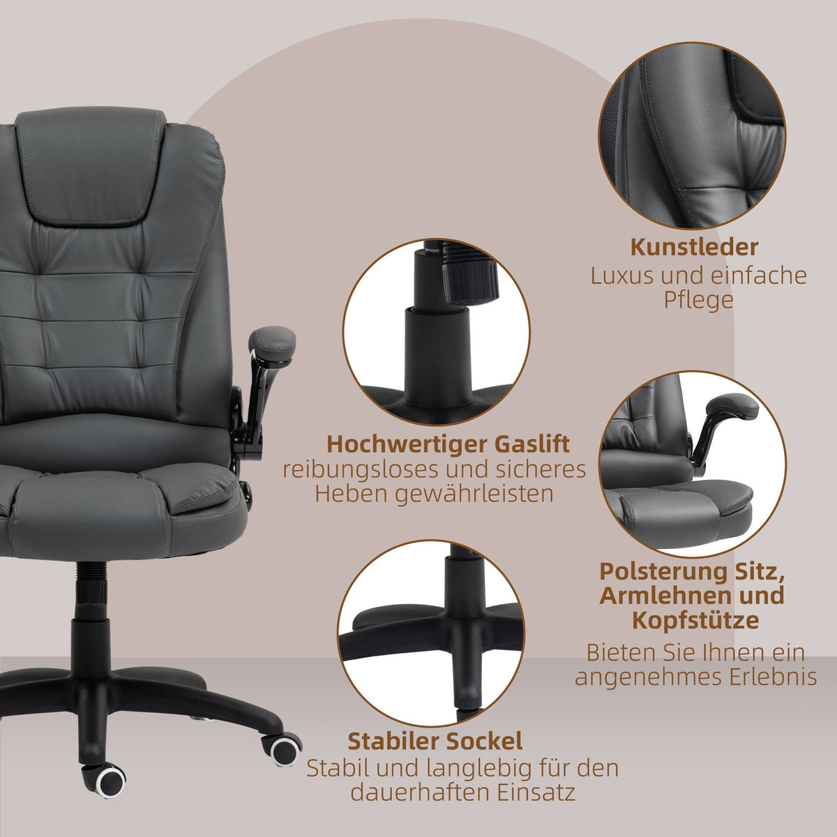 Office chair, ergonomic executive chair with rocker function, fold-up armrest, height-adjustable desk chair with swivel function for home office, faux leather, dark gray