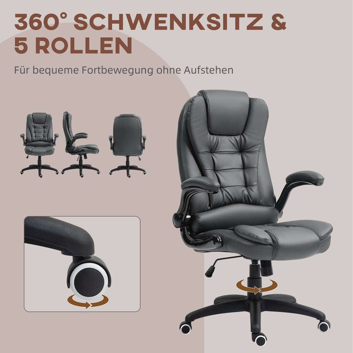 Office chair, ergonomic executive chair with rocker function, fold-up armrest, height-adjustable desk chair with swivel function for home office, faux leather, dark gray