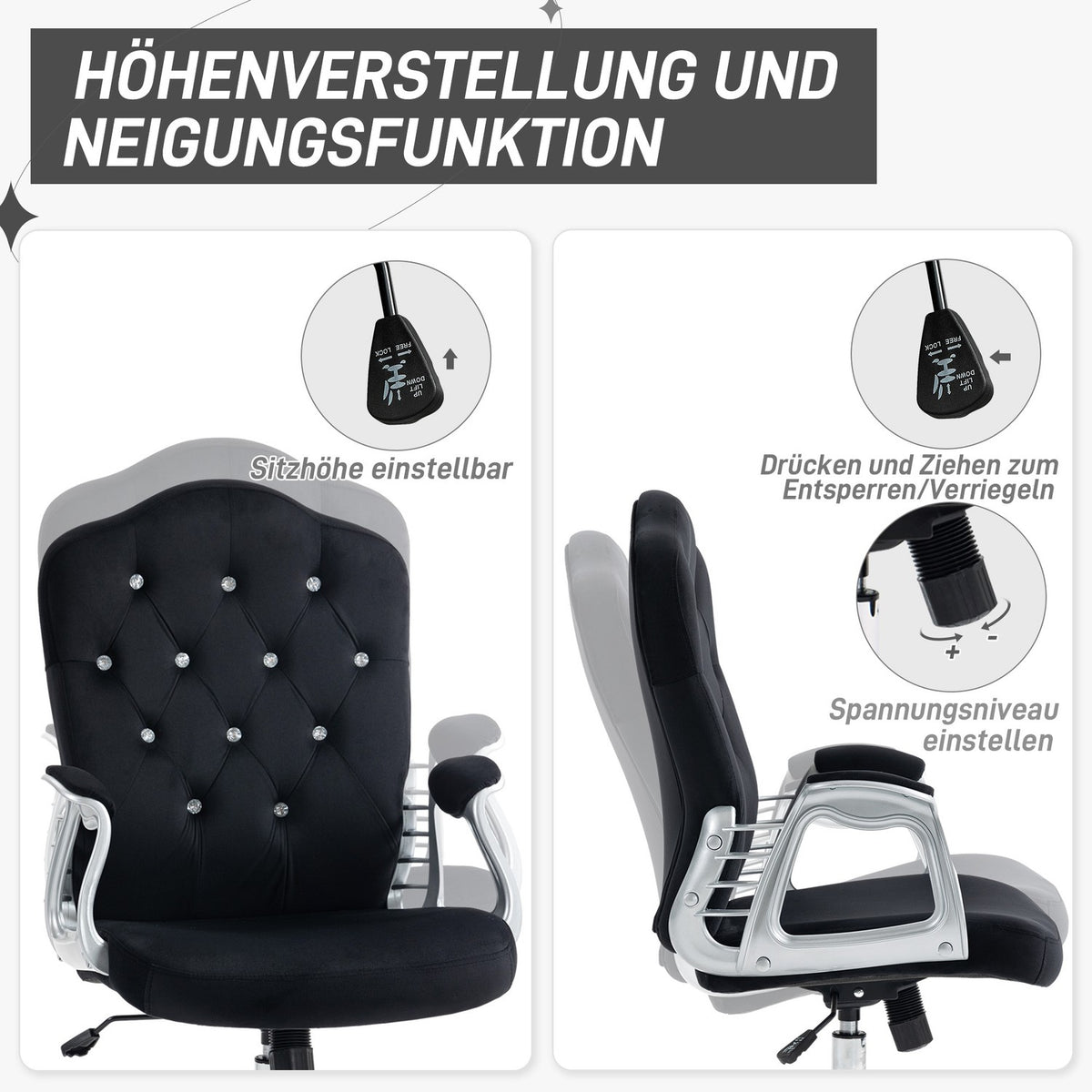 Office chair faux leather, 104-114H cm, ergonomic desk chair with rocker function, height adjustable, load capacity 120kg, black