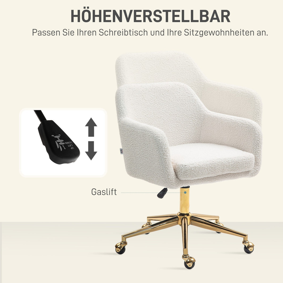 Office chair, height-adjustable desk chair, relaxation chair with steel frame, swivel chair with velvet look, for office, study, cream white