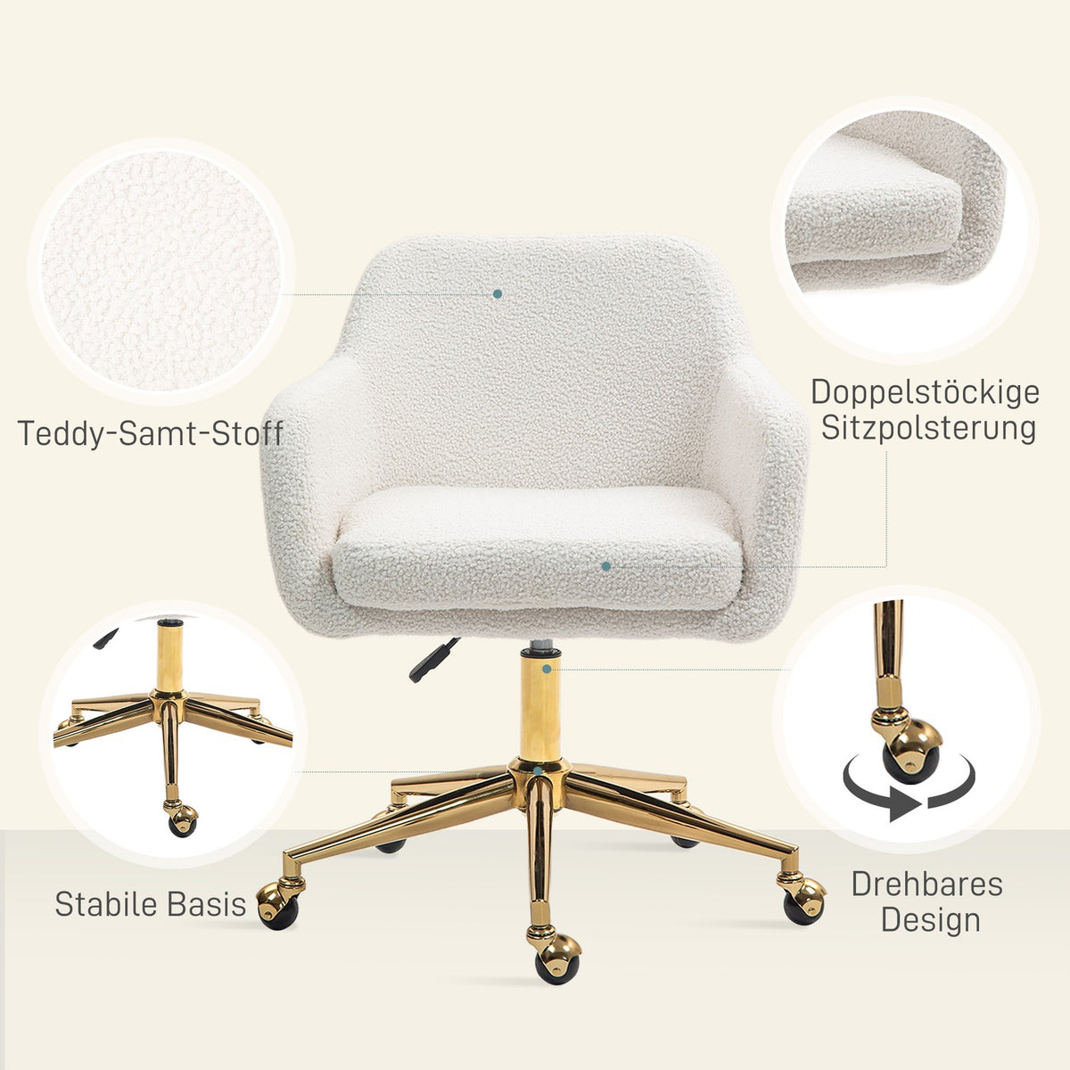 Office chair, height-adjustable desk chair, relaxation chair with steel frame, swivel chair with velvet look, for office, study, cream white
