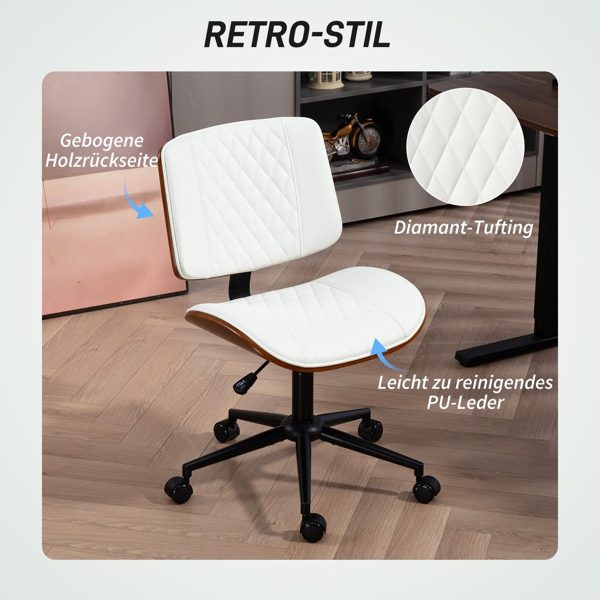 Office chair height-adjustable desk chair with wheels, diamond quilting, swivel chair with rocker function, faux leather, white |