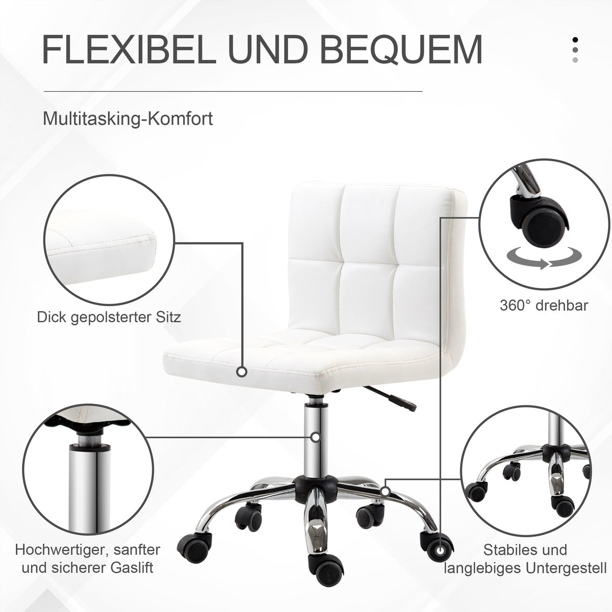 Office chair, swivel chair, imitation leather, steel frame, 5 wheels, upholstered, white