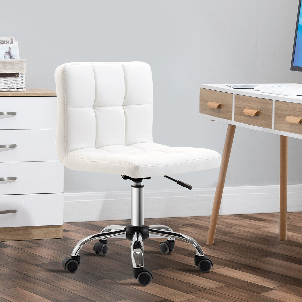 Office chair, swivel chair, imitation leather, steel frame, 5 wheels, upholstered, white