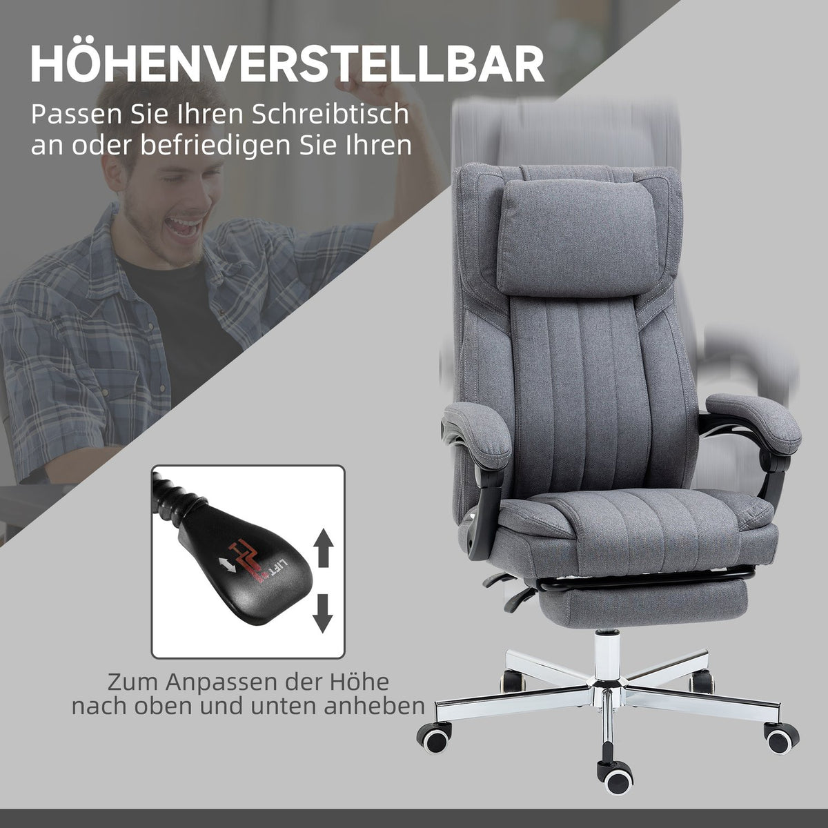 Office chair with 5 massage modes, ergonomic desk chair with reclining function, height adjustable, footrest, linen look, gray