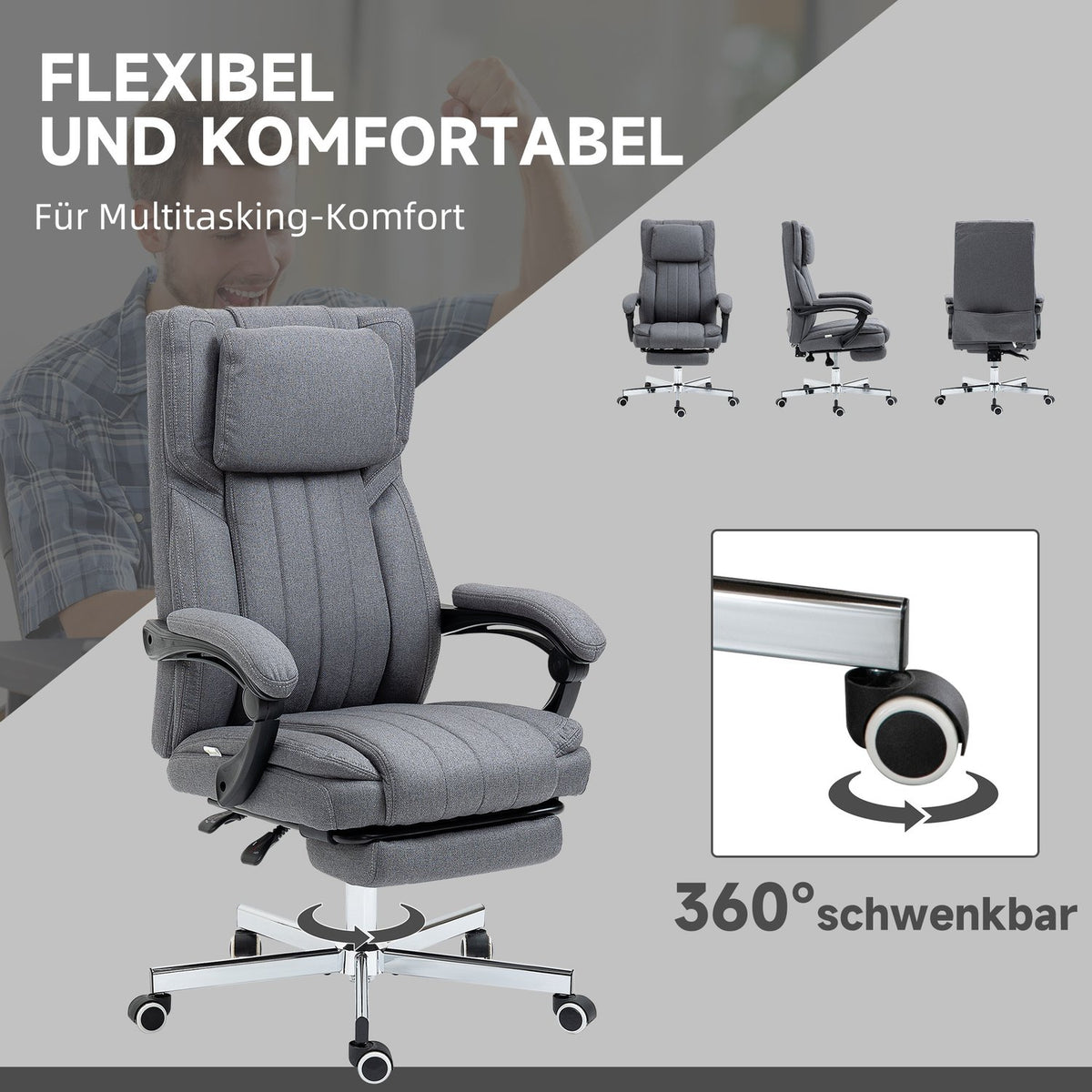Office chair with 5 massage modes, ergonomic desk chair with reclining function, height adjustable, footrest, linen look, gray