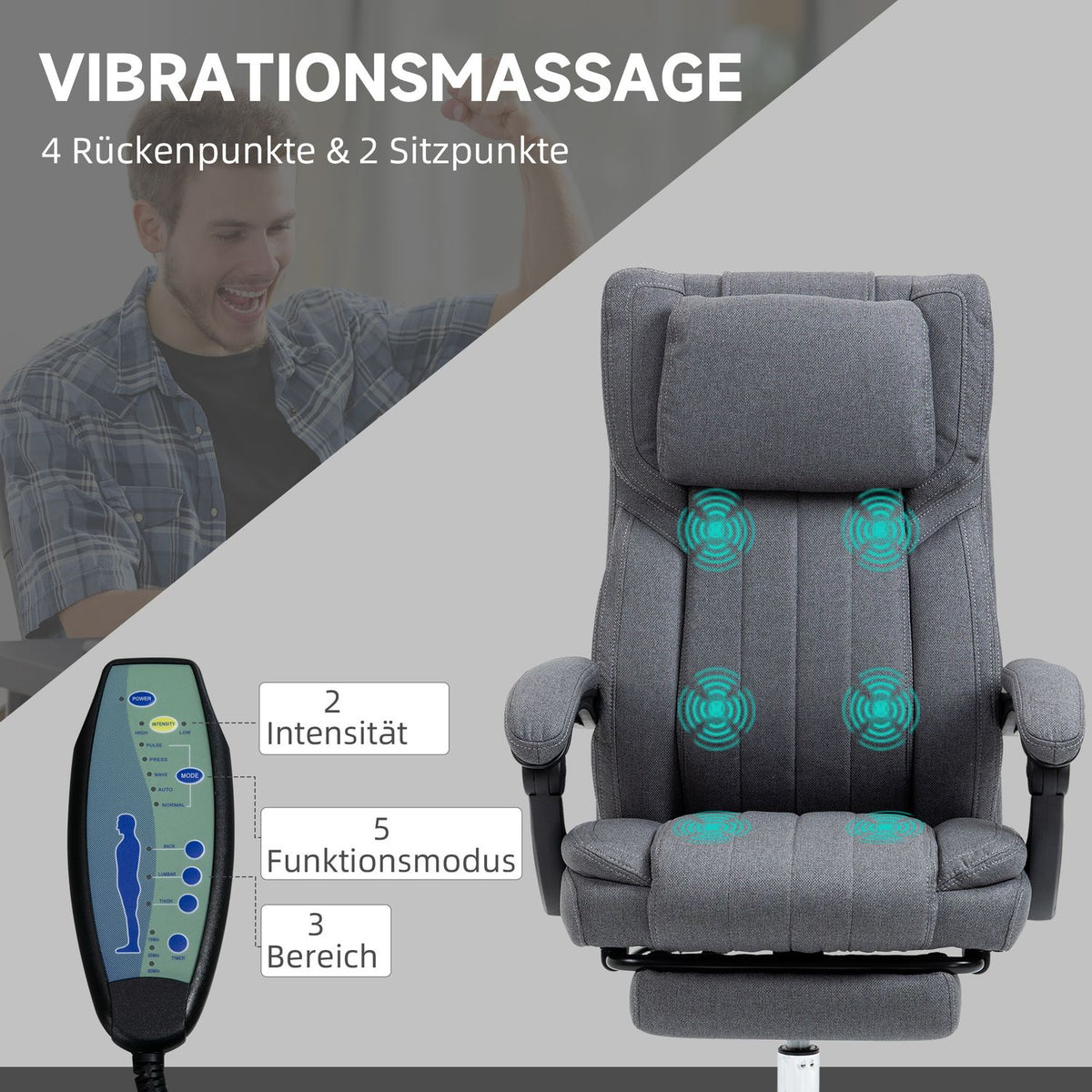 Office chair with 5 massage modes, ergonomic desk chair with reclining function, height adjustable, footrest, linen look, gray