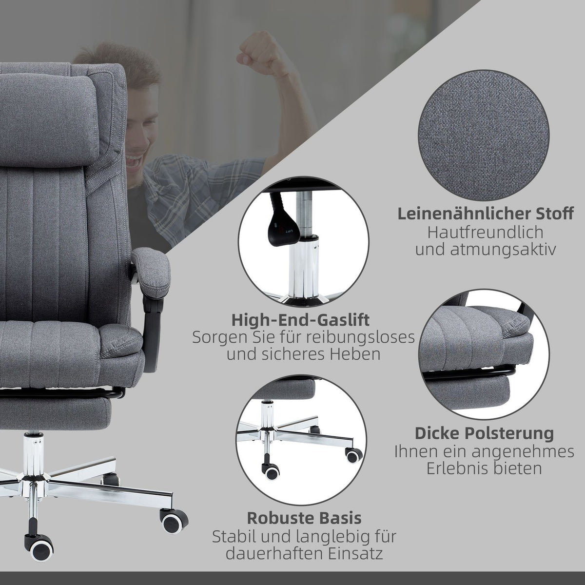 Office chair with 5 massage modes, ergonomic desk chair with reclining function, height adjustable, footrest, linen look, gray