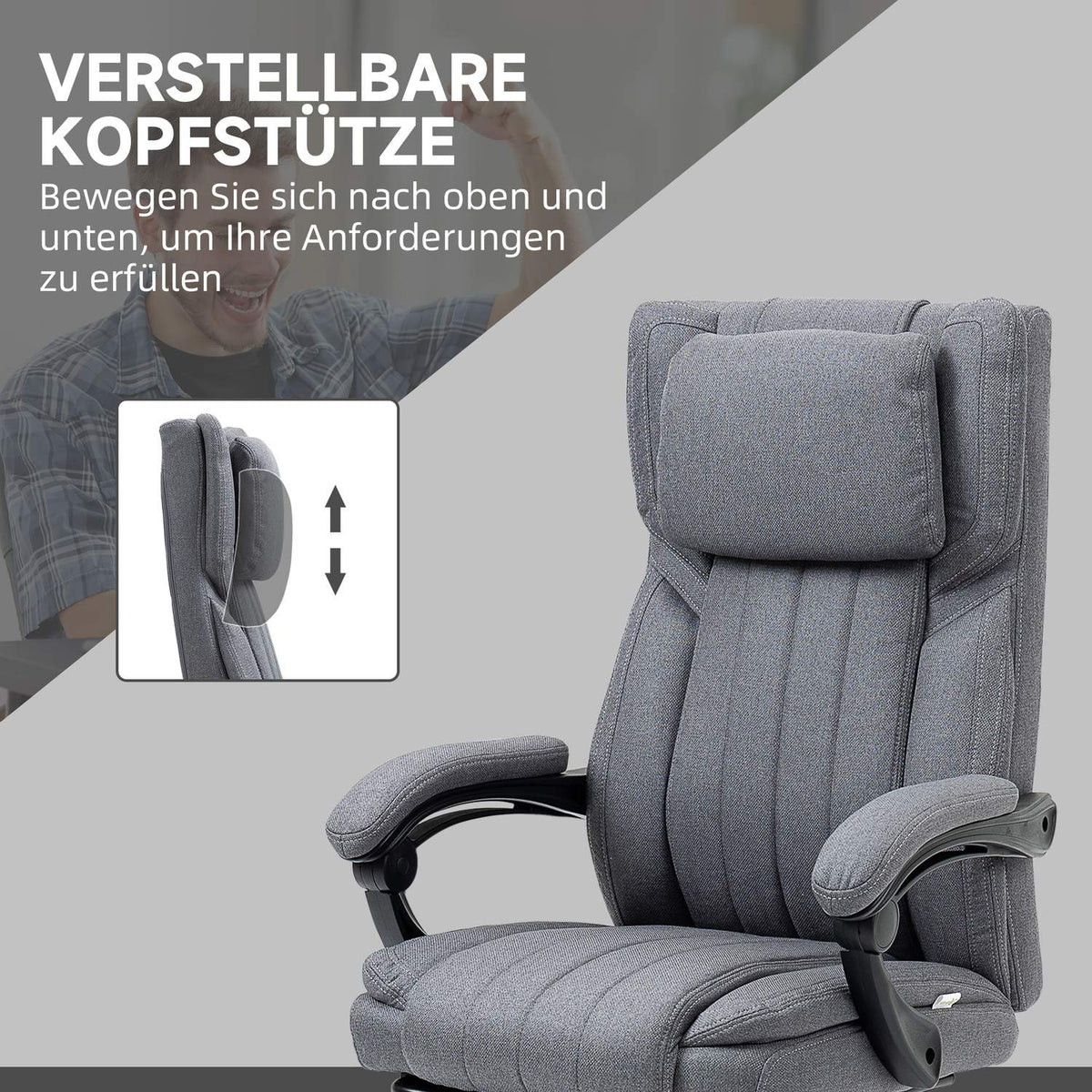 Office chair with 5 massage modes, ergonomic desk chair with reclining function, height adjustable, footrest, linen look, gray