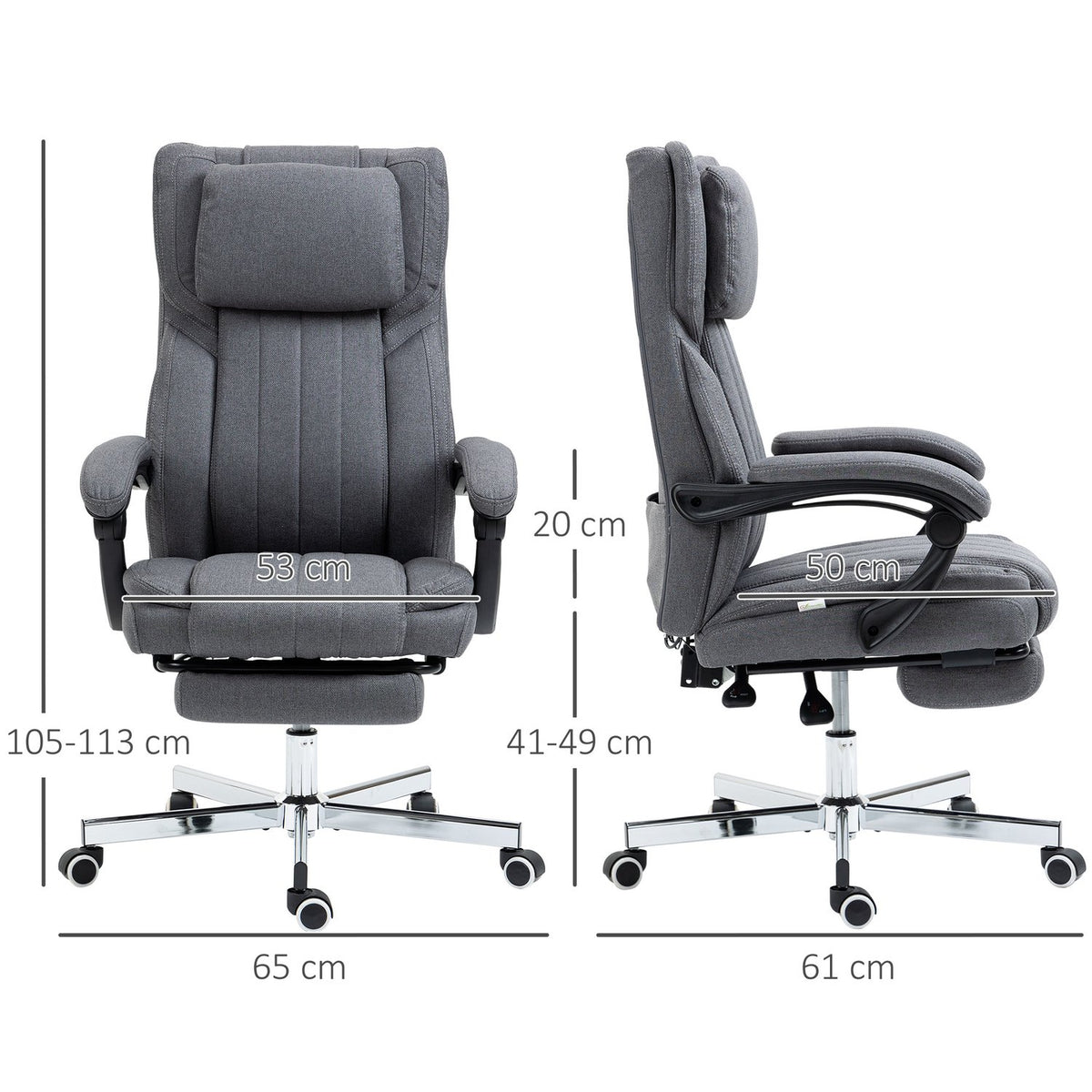 Office chair with 5 massage modes, ergonomic desk chair with reclining function, height adjustable, footrest, linen look, gray