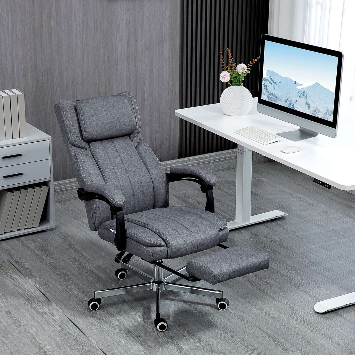 Office chair with 5 massage modes, ergonomic desk chair with reclining function, height adjustable, footrest, linen look, gray