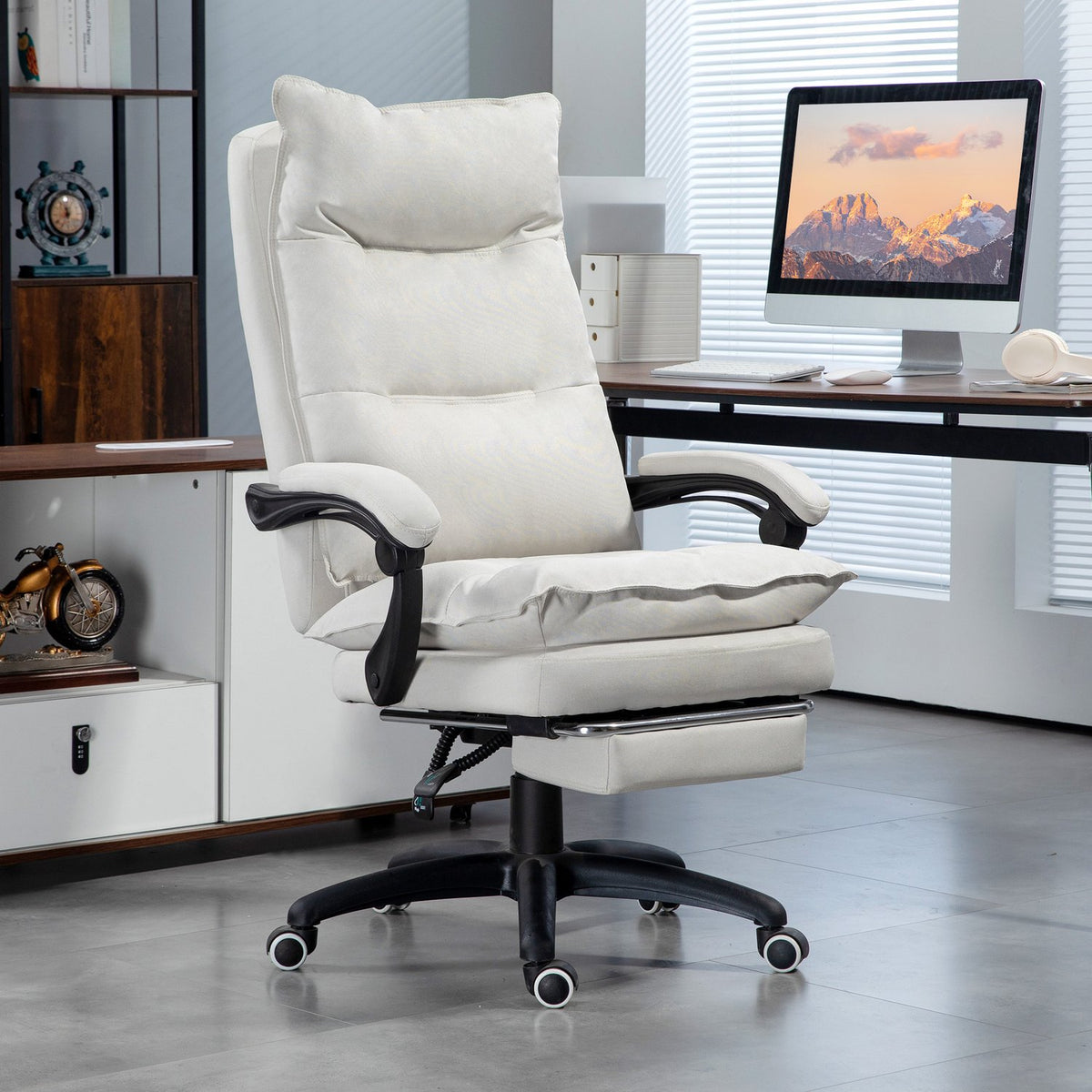 Office chair with 6-point massage, ergonomic gaming chair with reclining function, height-adjustable executive chair with footrest, 120 kg load capacity, for study, office, cream white