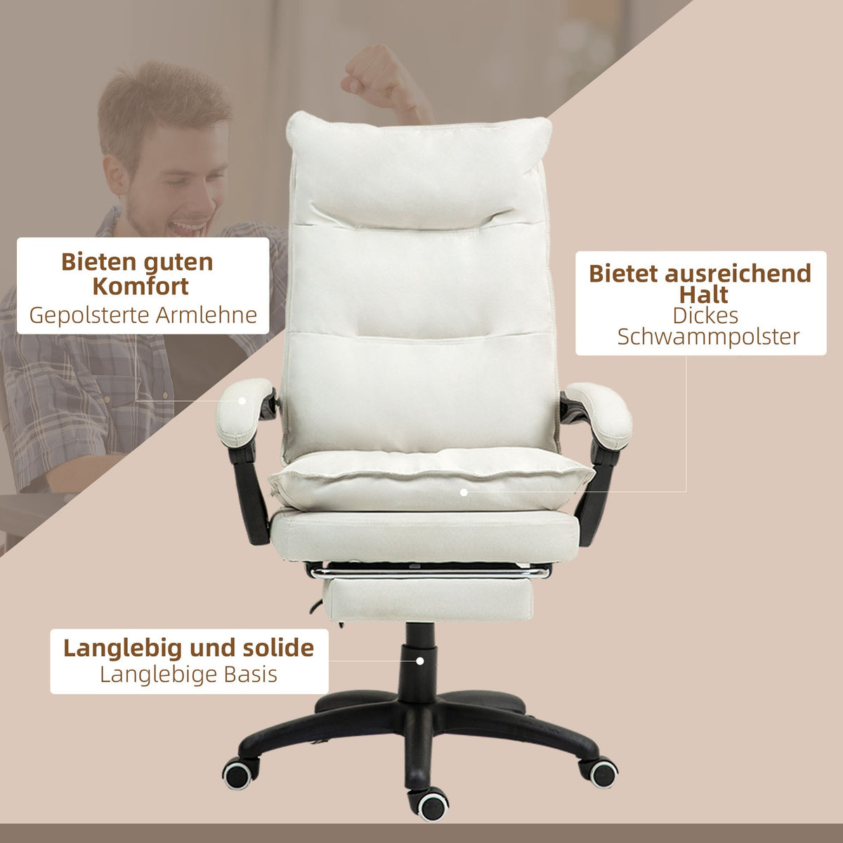 Office chair with 6-point massage, ergonomic gaming chair with reclining function, height-adjustable executive chair with footrest, 120 kg load capacity, for study, office, cream white