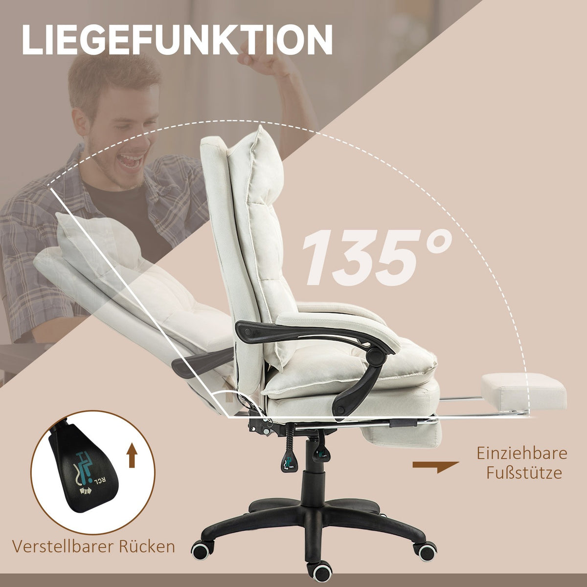 Office chair with 6-point massage, ergonomic gaming chair with reclining function, height-adjustable executive chair with footrest, 120 kg load capacity, for study, office, cream white