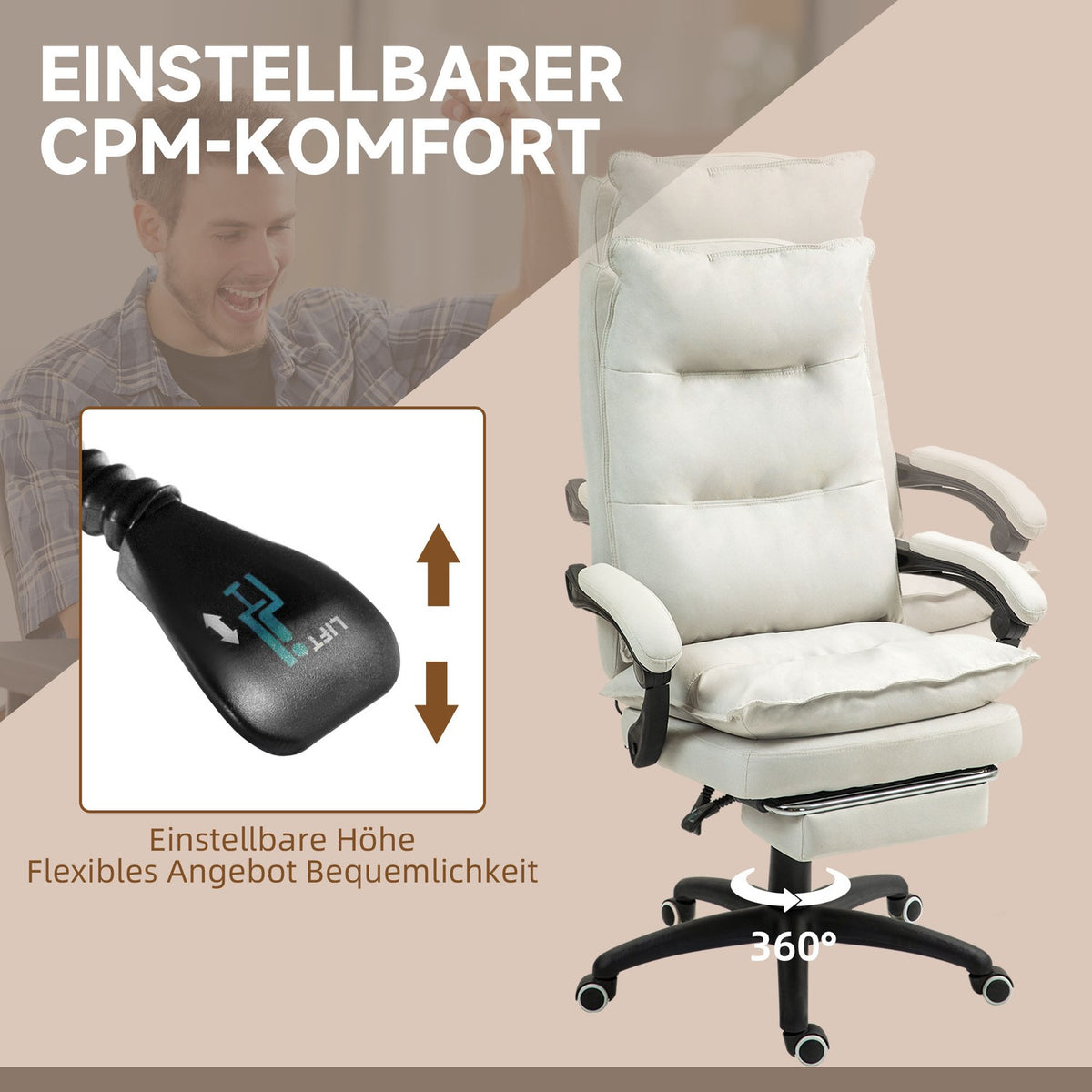 Office chair with 6-point massage, ergonomic gaming chair with reclining function, height-adjustable executive chair with footrest, 120 kg load capacity, for study, office, cream white