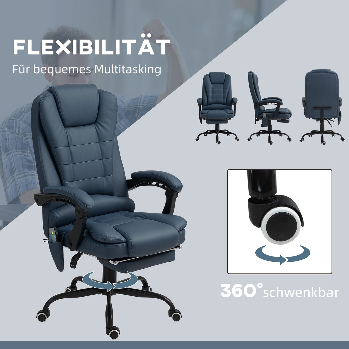 Office chair with 7-point massage, ergonomic office chair with reclining function, height-adjustable executive chair with remote control, 120 kg load capacity, for study, office, blue
