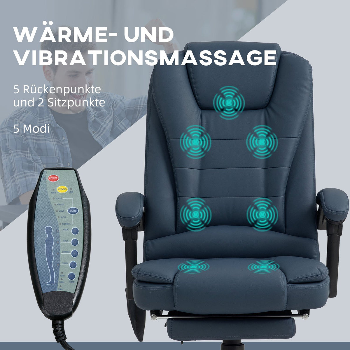 Office chair with 7-point massage, ergonomic office chair with reclining function, height-adjustable executive chair with remote control, 120 kg load capacity, for study, office, blue
