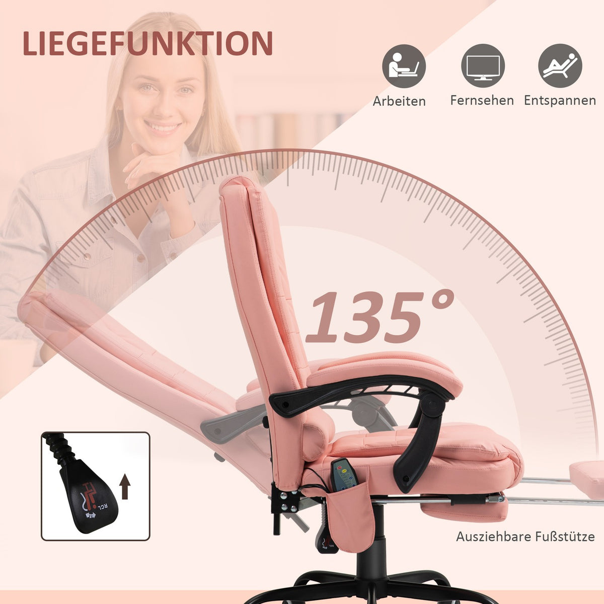 Office chair with 7 point massage, ergonomic office chair with reclining function, height-adjustable executive chair with remote control, 120 kg load capacity, for study, office, pink