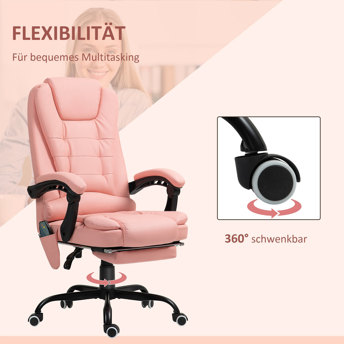 Office chair with 7 point massage, ergonomic office chair with reclining function, height-adjustable executive chair with remote control, 120 kg load capacity, for study, office, pink