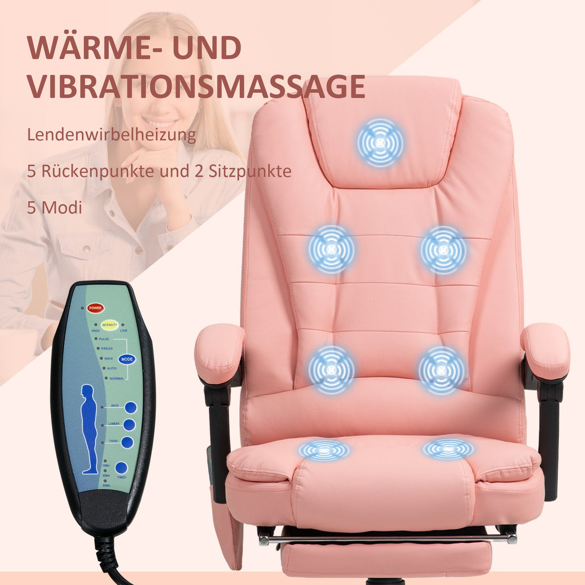 Office chair with 7 point massage, ergonomic office chair with reclining function, height-adjustable executive chair with remote control, 120 kg load capacity, for study, office, pink