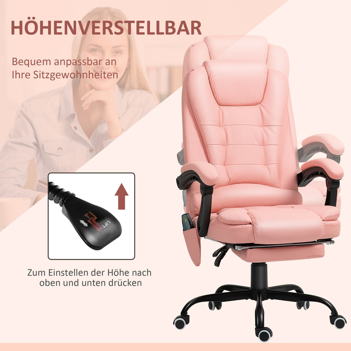 Office chair with 7 point massage, ergonomic office chair with reclining function, height-adjustable executive chair with remote control, 120 kg load capacity, for study, office, pink