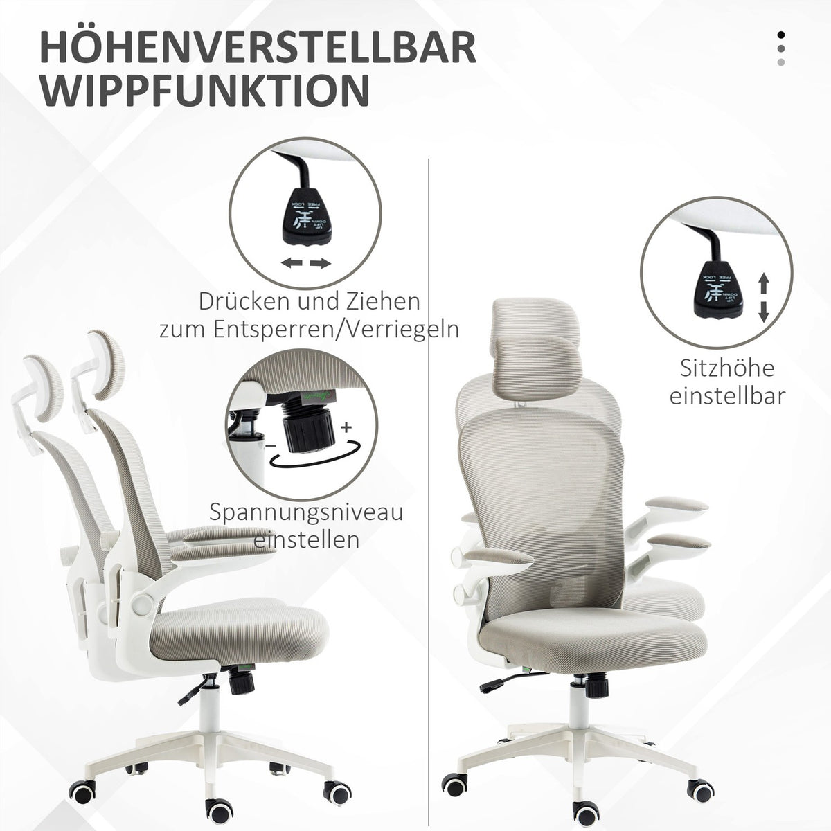 Office chair with adjustable headrest, ergonomic desk chair with fold-up arm, up to 120 kg, gray