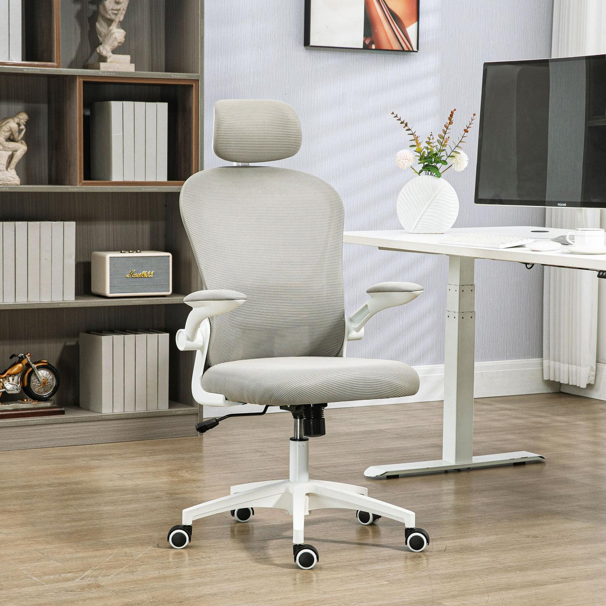 Office chair with adjustable headrest, ergonomic desk chair with fold-up arm, up to 120 kg, gray
