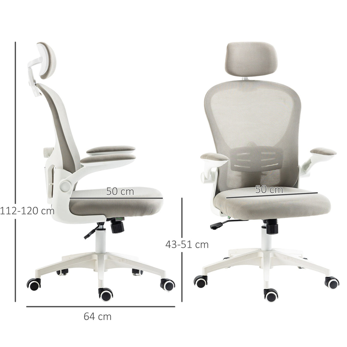 Office chair with adjustable headrest, ergonomic desk chair with fold-up arm, up to 120 kg, gray