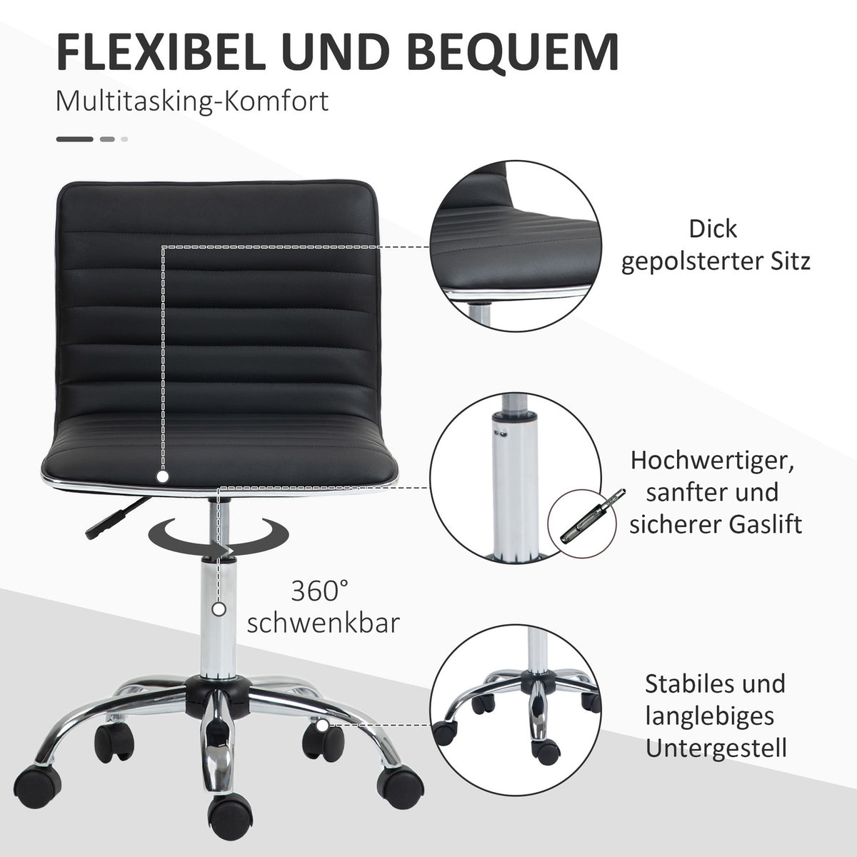Office chair with backrest, height-adjustable swivel chair with wheels, desk chair can hold up to 120 kg, for study, office, black