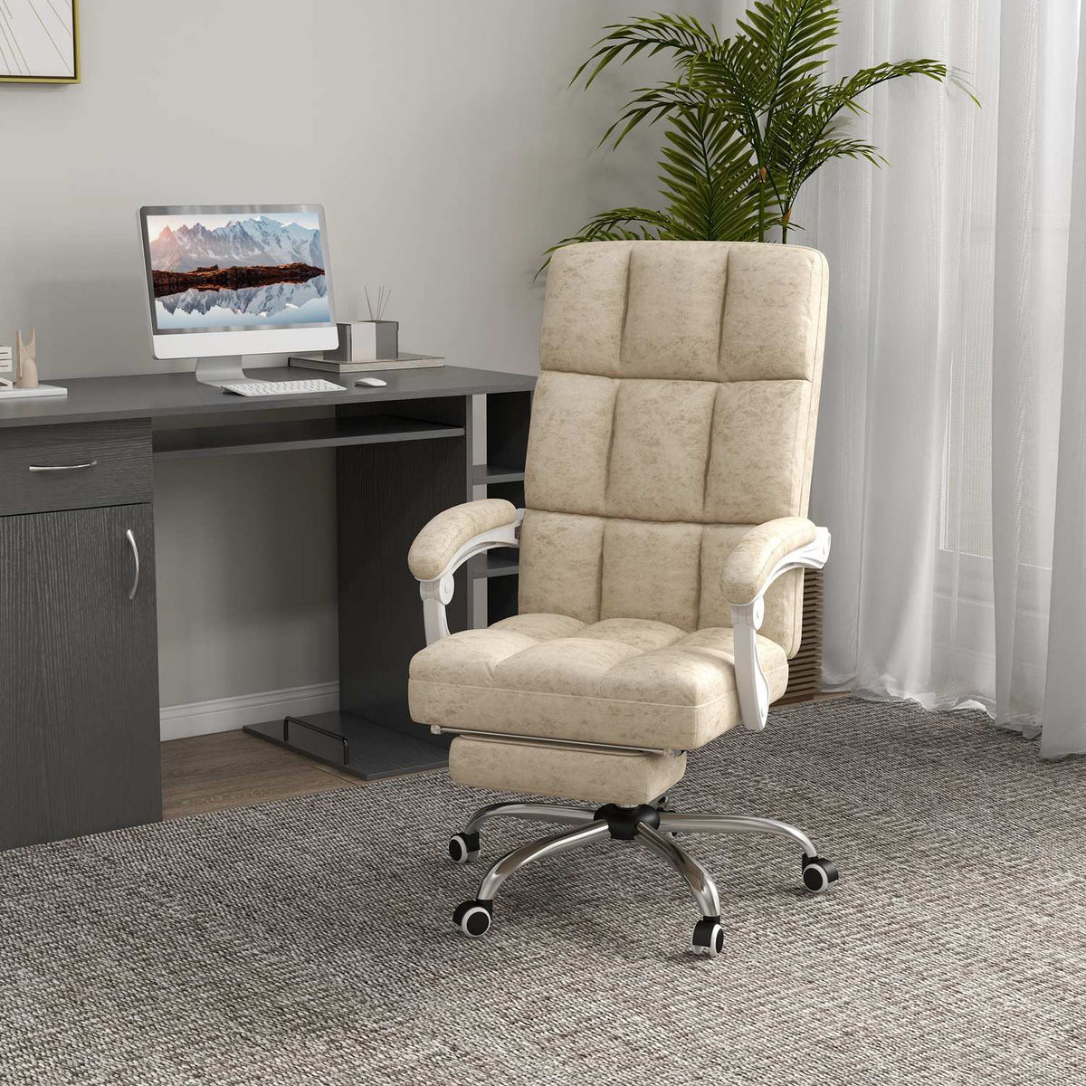 Office chair with massage and heat function, ergonomic, height adjustable, 4 massage points, polyester, 64W x 74D x 110-118H cm, beige