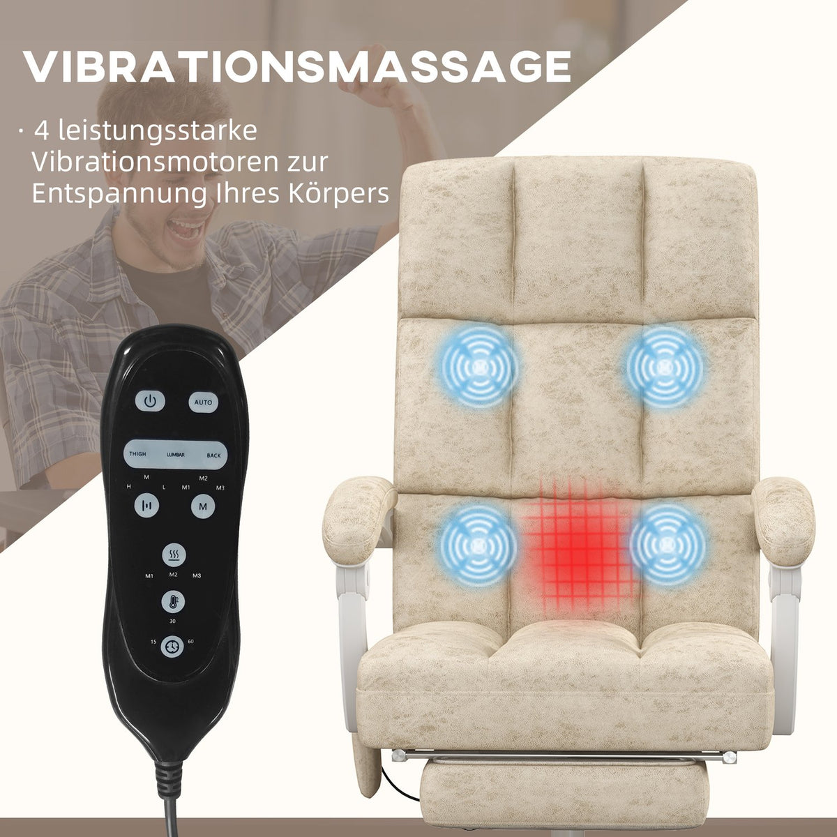 Office chair with massage and heat function, ergonomic, height adjustable, 4 massage points, polyester, 64W x 74D x 110-118H cm, beige