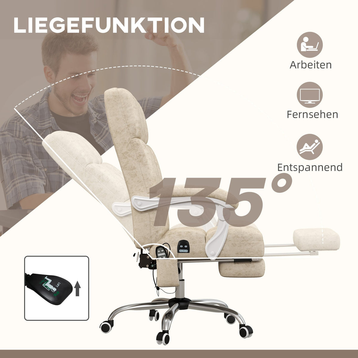 Office chair with massage and heat function, ergonomic, height adjustable, 4 massage points, polyester, 64W x 74D x 110-118H cm, beige