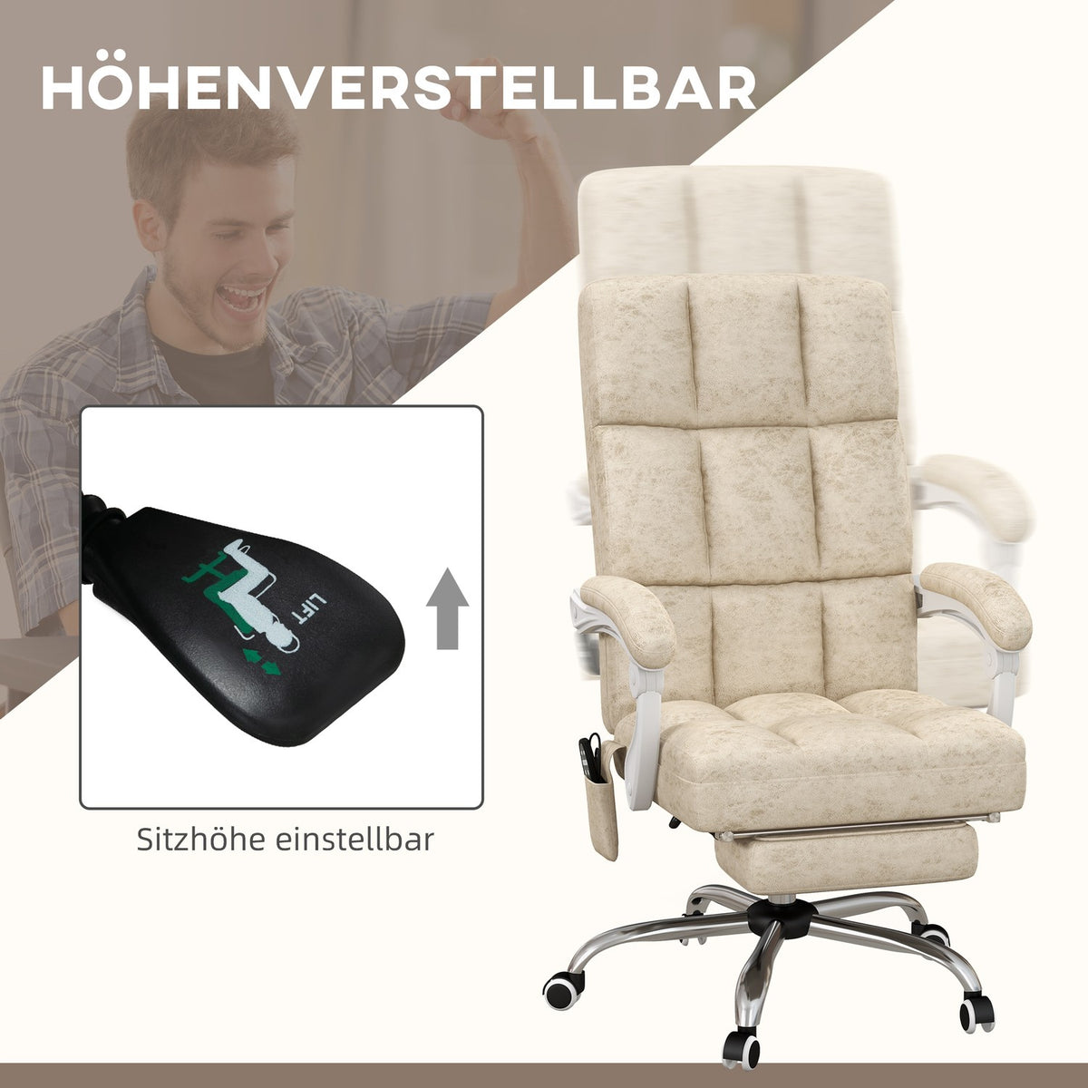 Office chair with massage and heat function, ergonomic, height adjustable, 4 massage points, polyester, 64W x 74D x 110-118H cm, beige