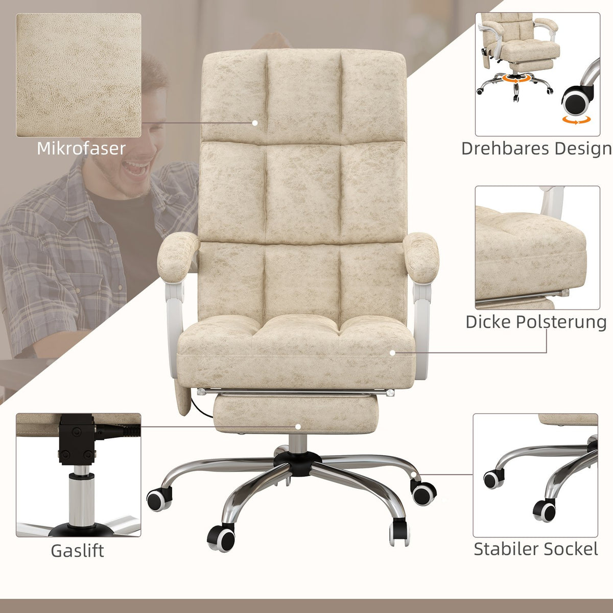 Office chair with massage and heat function, ergonomic, height adjustable, 4 massage points, polyester, 64W x 74D x 110-118H cm, beige