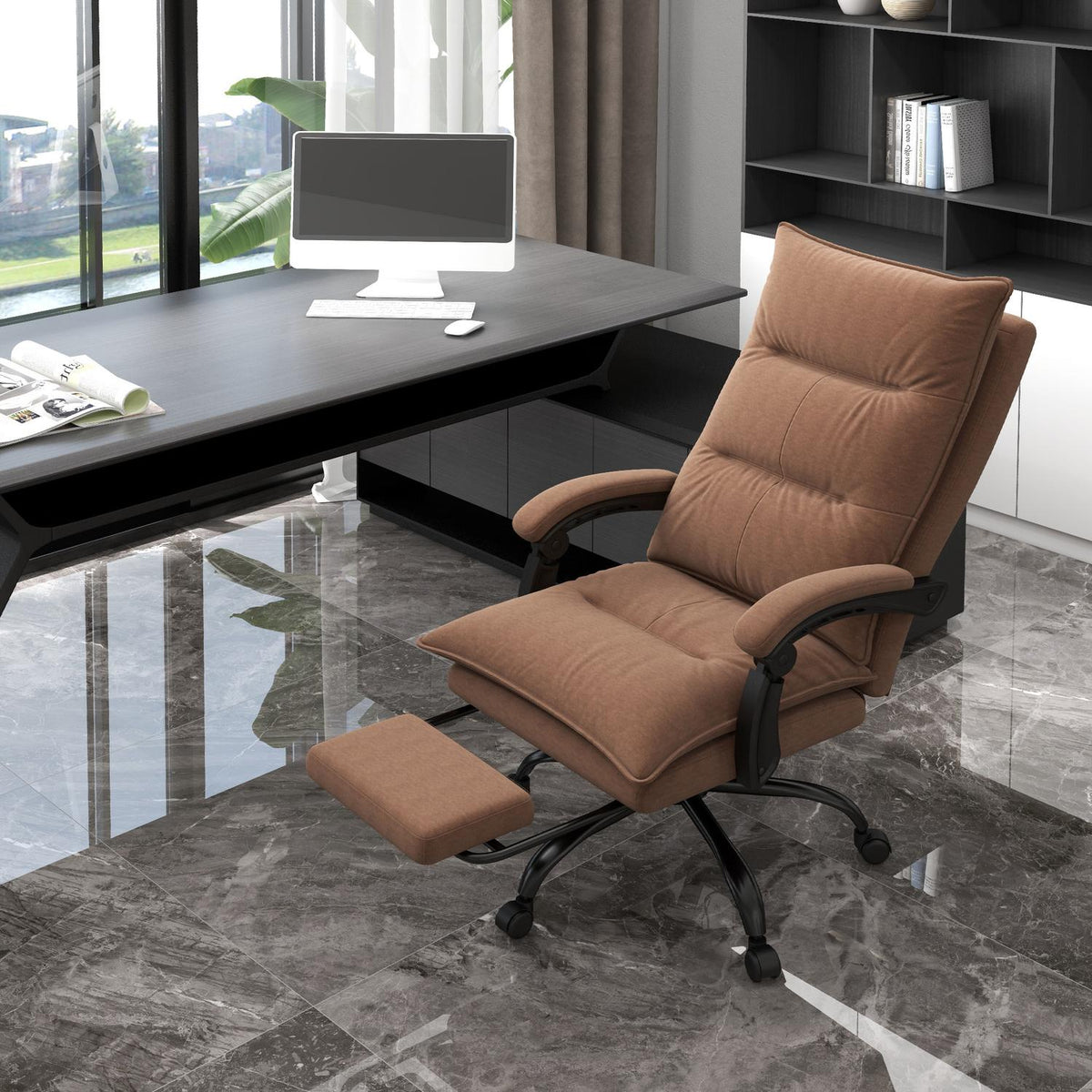 Office chair with massage function, 155° tilt, swivel chair with armrest, ergonomic desk chair, brown