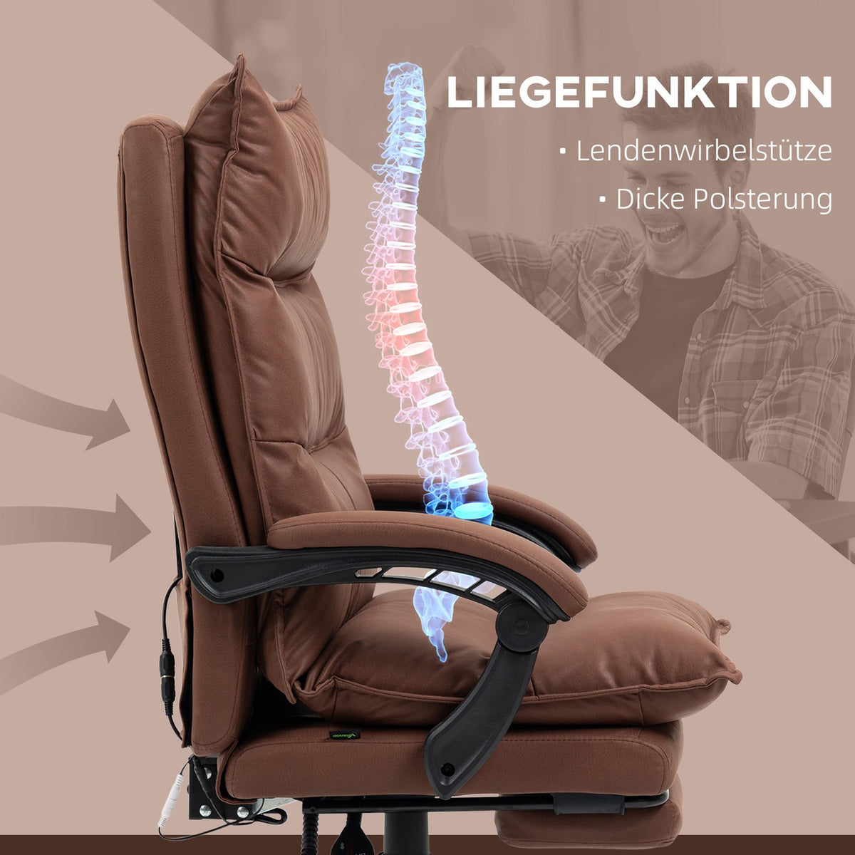 Office chair with massage function, 155° tilt, swivel chair with armrest, ergonomic desk chair, brown