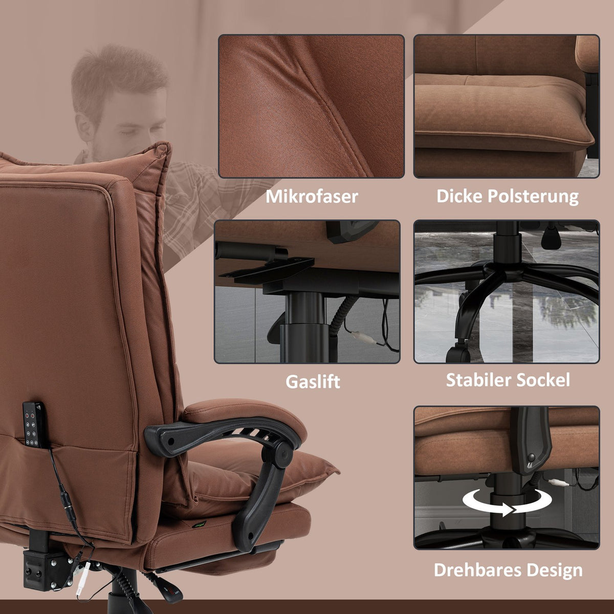 Office chair with massage function, 155° tilt, swivel chair with armrest, ergonomic desk chair, brown