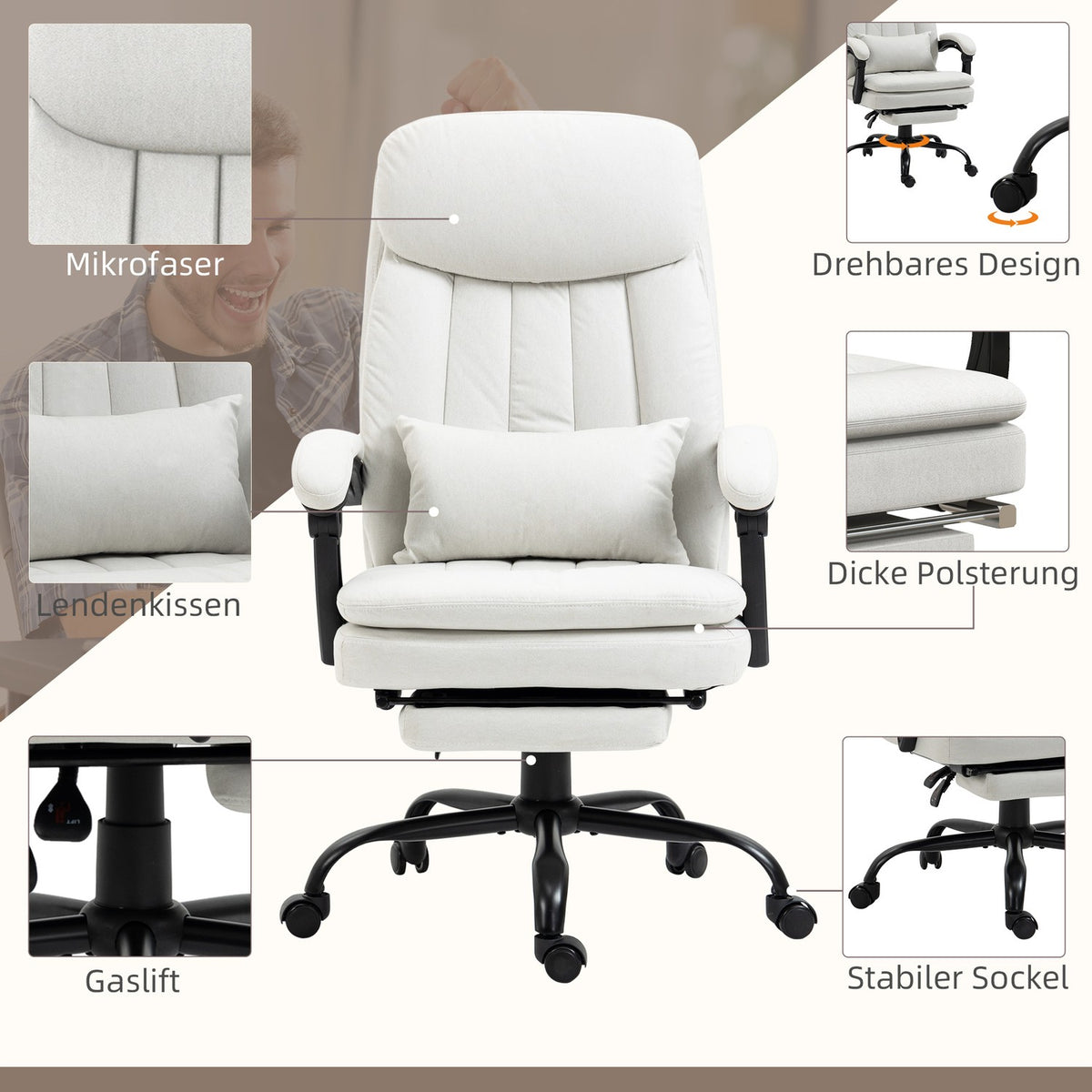 Office chair with massage function, ergonomic desk chair, height-adjustable executive chair, cream white