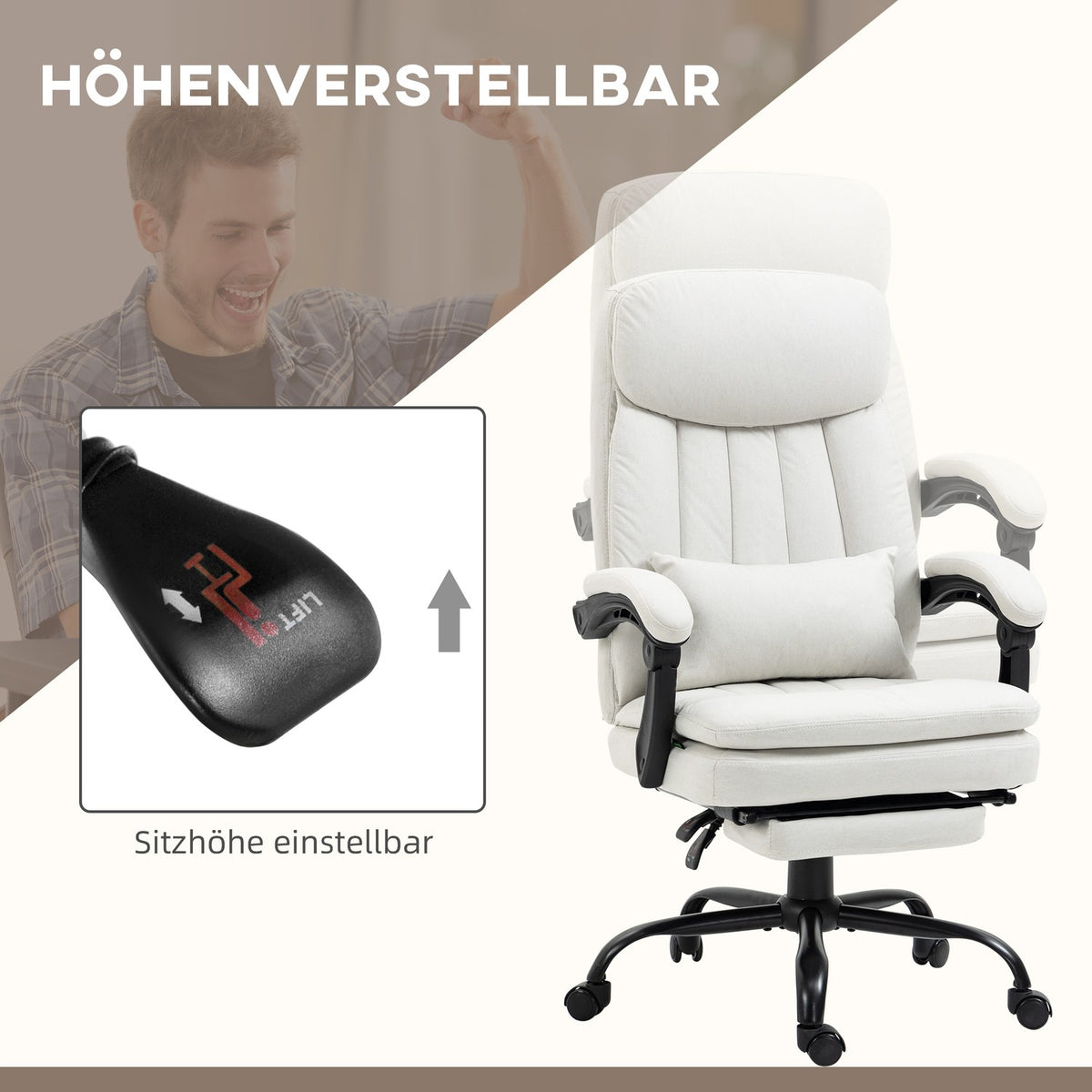 Office chair with massage function, ergonomic desk chair, height-adjustable executive chair, cream white