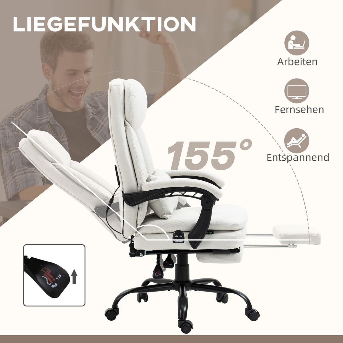 Office chair with massage function, ergonomic desk chair, height-adjustable executive chair, cream white