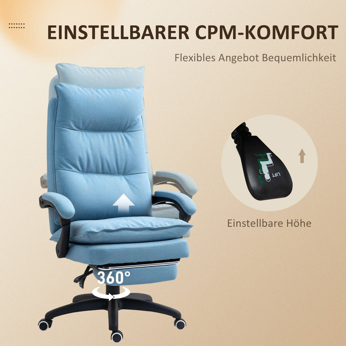Office chair with massage function, ergonomic desk chair with reclining and swiveling function, height-adjustable computer chair with footrest, remote control and timer, blue
