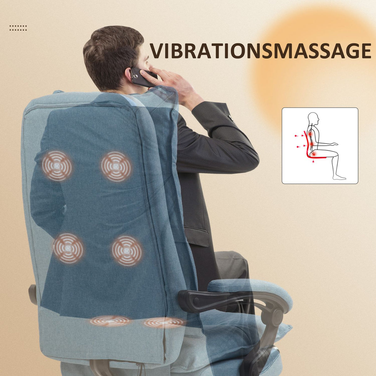 Office chair with massage function, ergonomic desk chair with reclining and swiveling function, height-adjustable computer chair with footrest, remote control and timer, blue